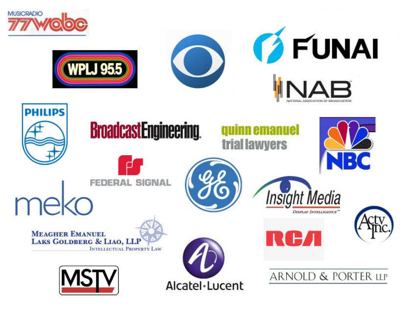 WABC, WPLJ, CBS, NAB, FUNAI, PHILIPS, BROADCAST ENGINEERING, QUINN EMANUEL, NBC, FEDERAL SIGNAL, GE, INSIGHT MEDIA, MEKO, MEAGHER EMANUEL, RCA, ACTV, MSTV, ALCATEL-LUCENT, ARNOLD & PORTER